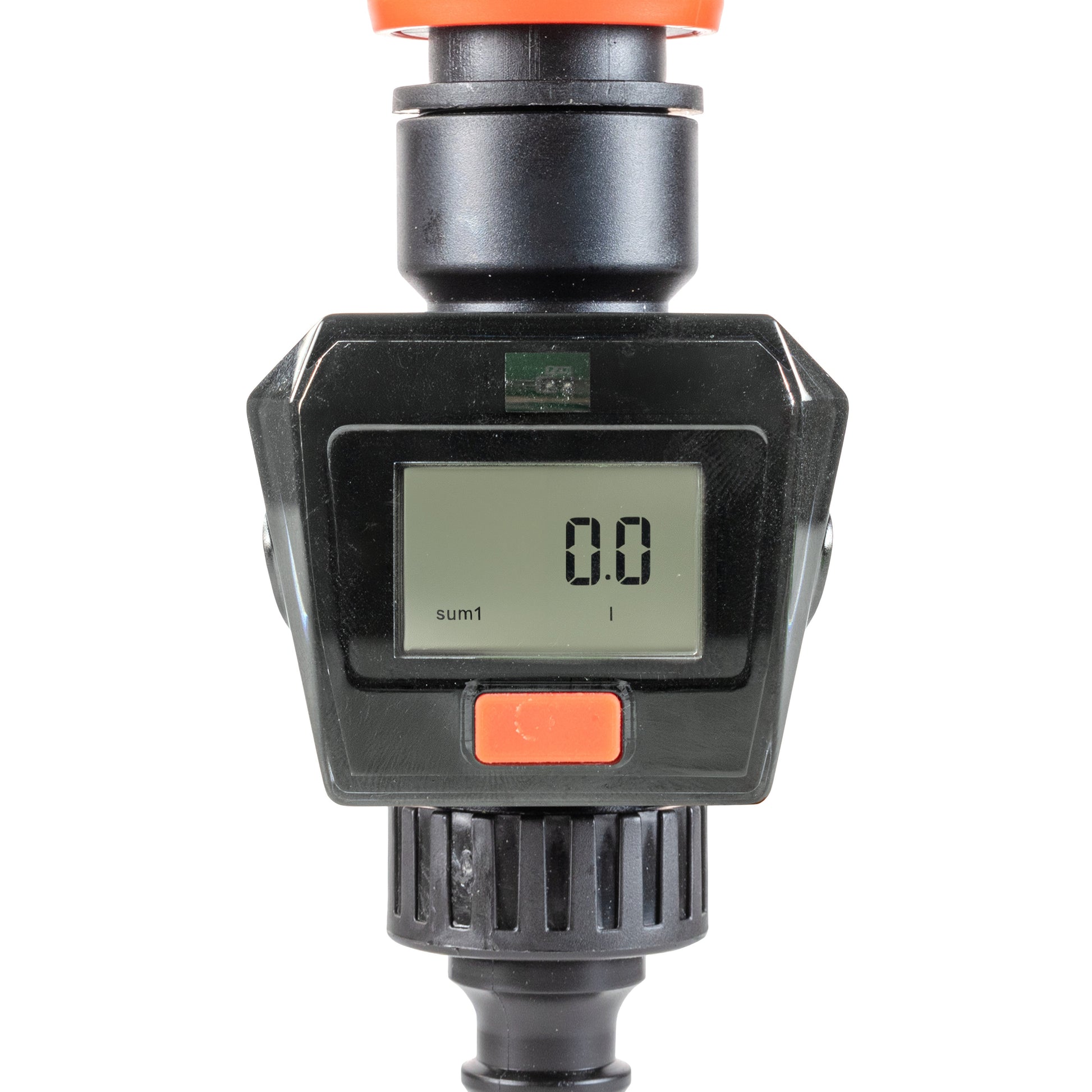 Water flow meter display close-up: 0.0 shown with 'sum1' indicator