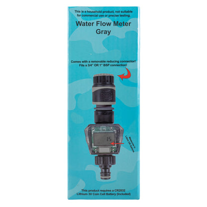 Water Flow Meter Gray retail packaging with meter image and display detail arrow