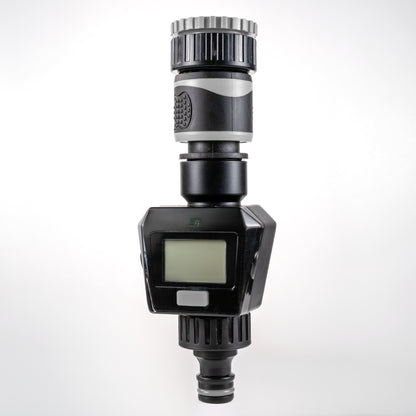 Gray water flow meter front view with LCD display and ribbed top fitting