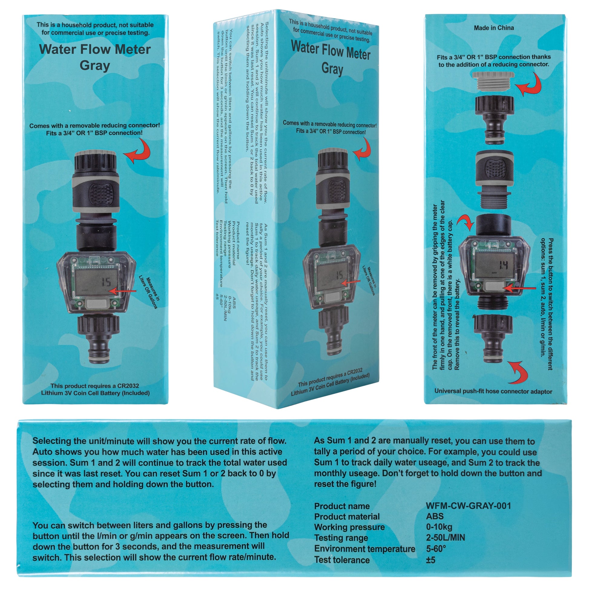Water Flow Meter Gray box packaging with product diagram and usage directions