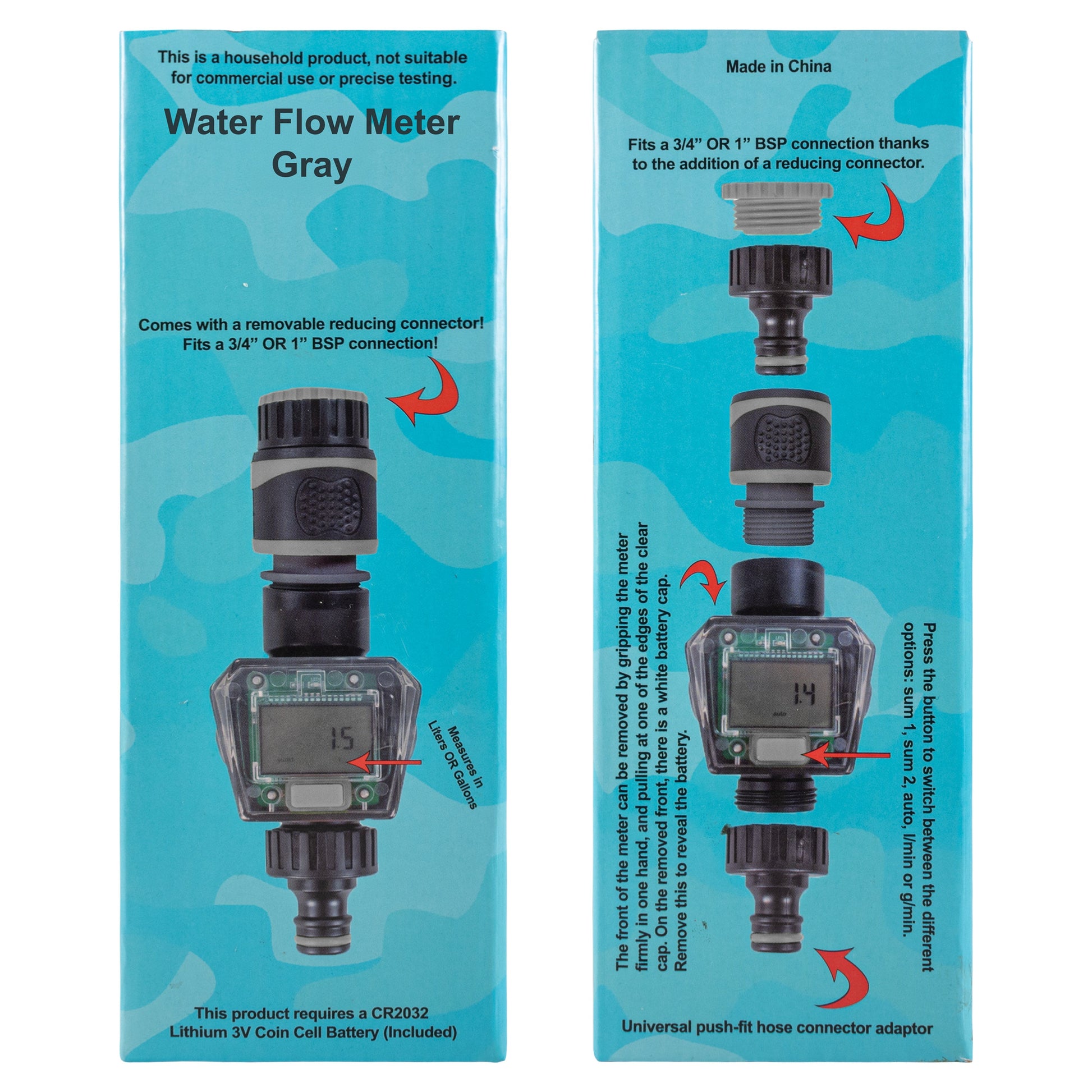 Water Flow Meter Gray retail box showing product photo and connector notes