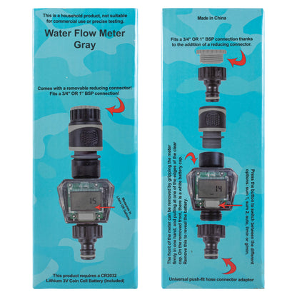 Water Flow Meter Gray retail box showing product photo and connector notes