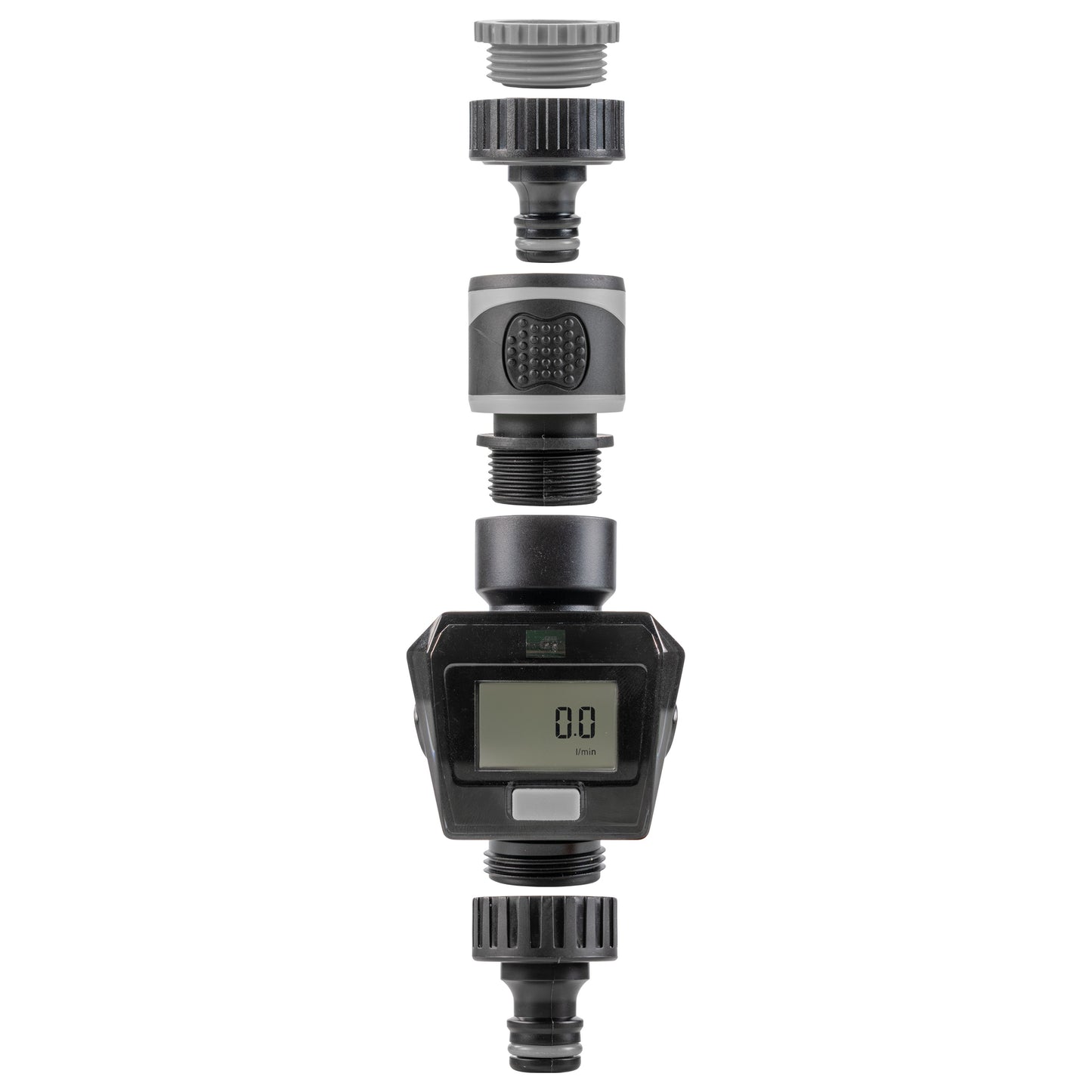 Gray water flow meter with threaded connectors, showing LCD value on front