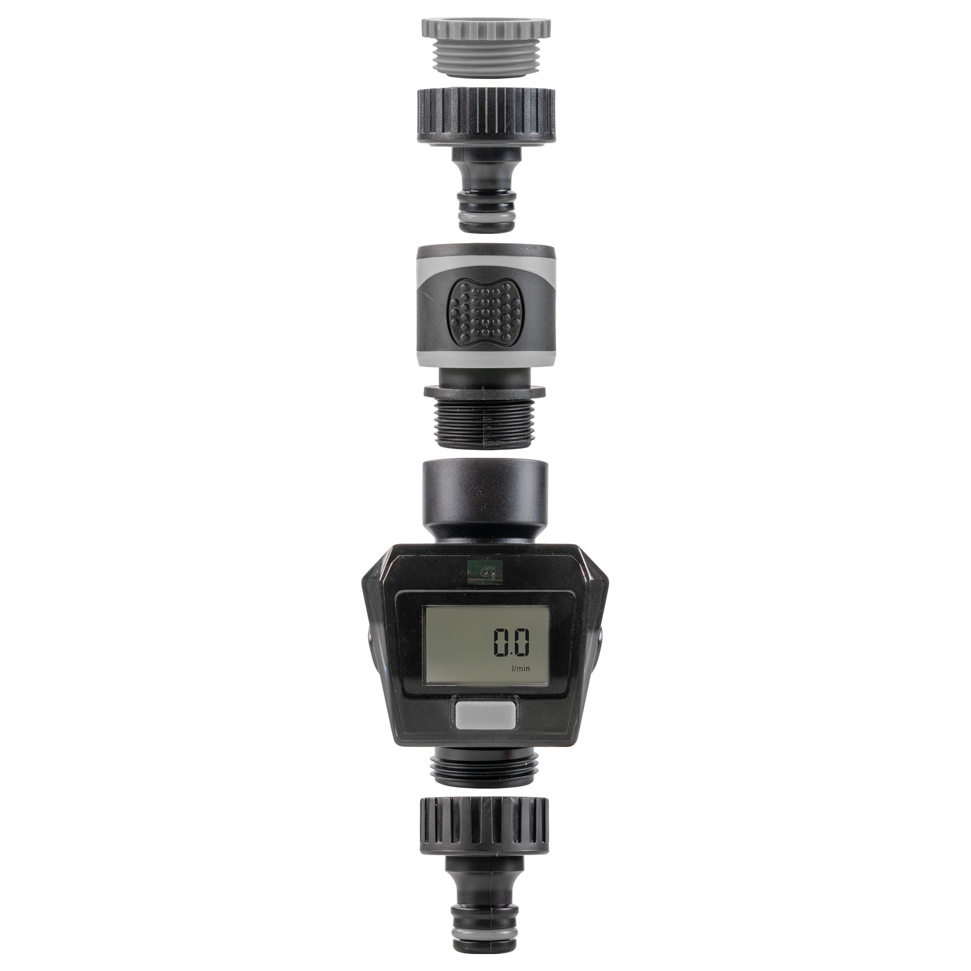 Gray water flow meter with threaded connectors, showing LCD value on front