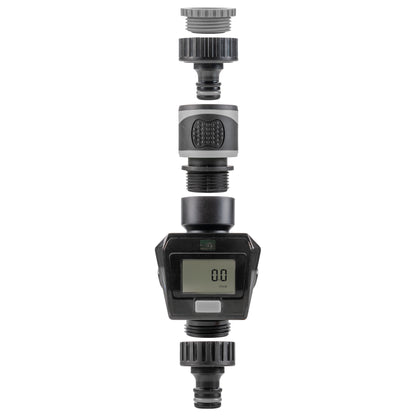 Gray water flow meter with threaded connectors, showing LCD value on front
