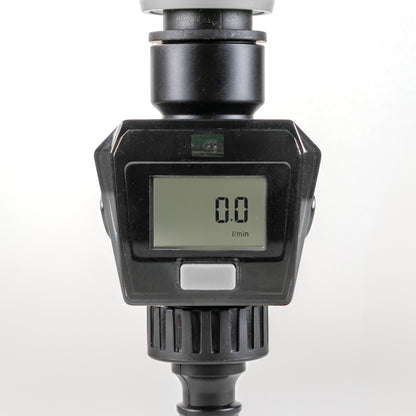 Water Flow Meter Gray, LCD display shows 0.8 with “l/min”, dark device body