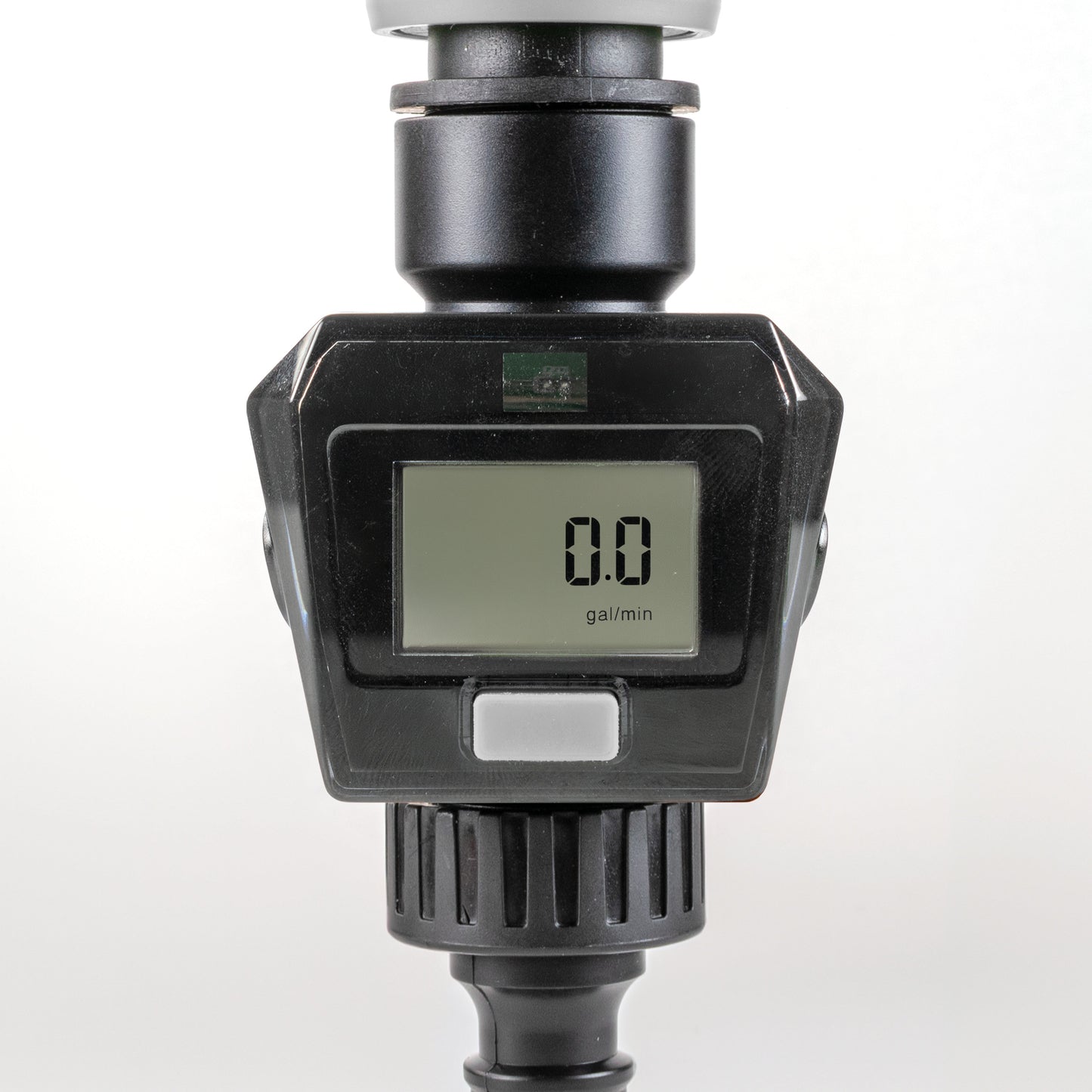 Water Flow Meter Gray, LCD shows 0.8 with “gal/min”, black flow meter head