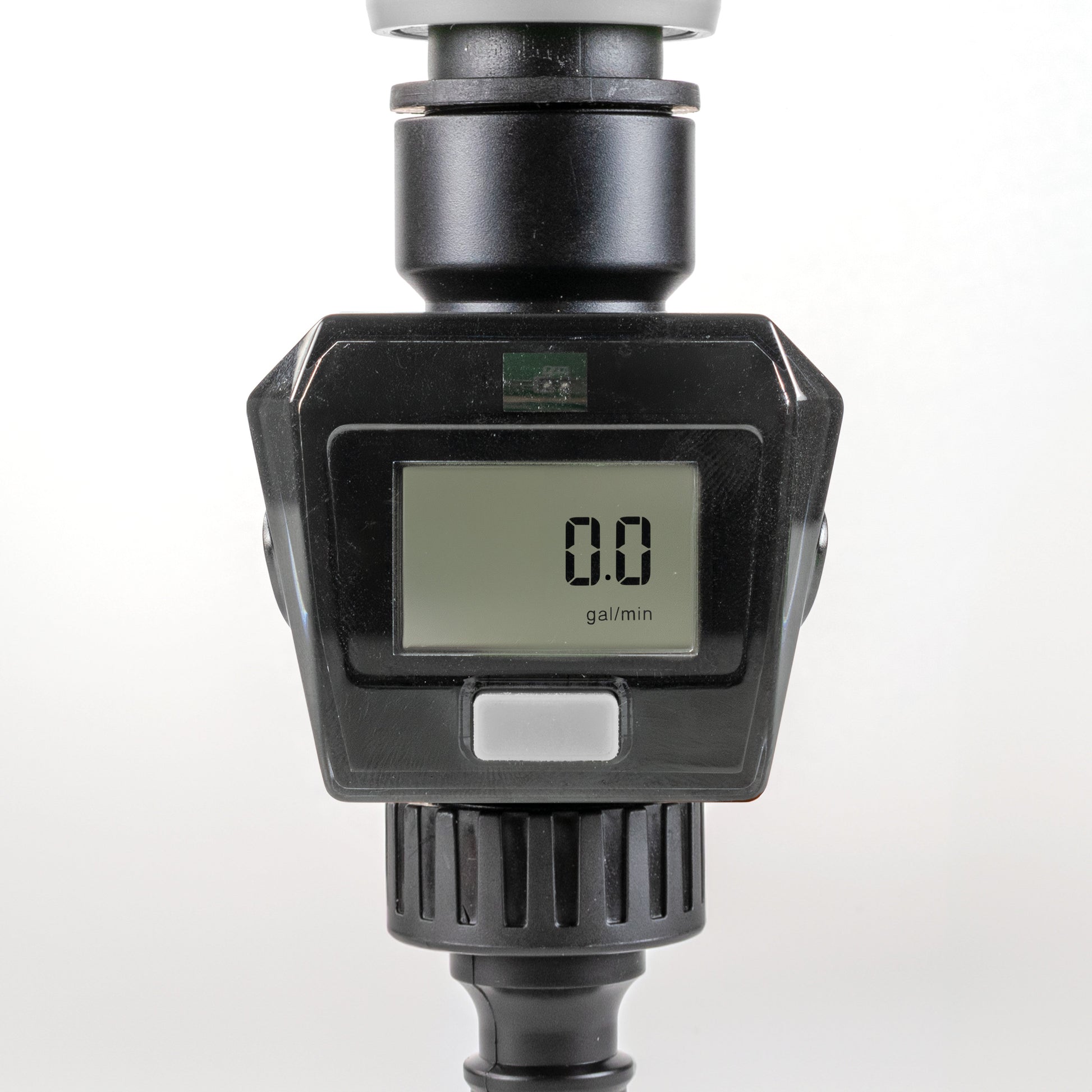 Water Flow Meter Gray, LCD shows 0.8 with “gal/min”, black flow meter head