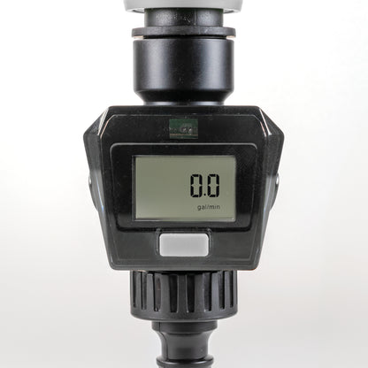 Water Flow Meter Gray, LCD shows 0.8 with “gal/min”, black flow meter head