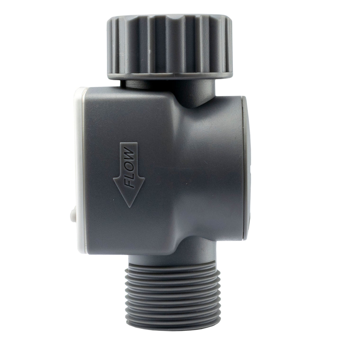 Water Flow Meter 3/4" BSPM-F side view with flow direction marking on body