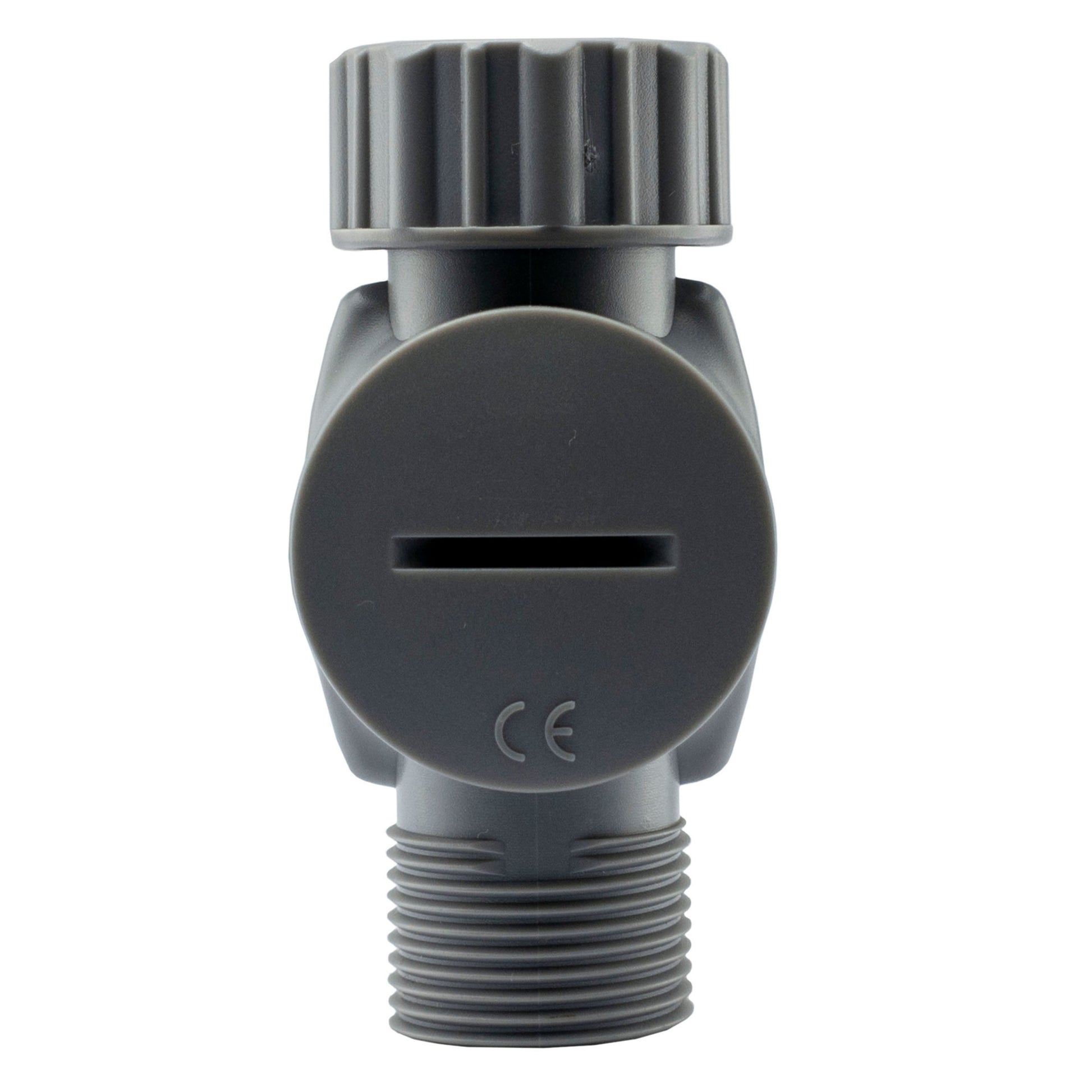 Water Flow Meter 3/4" BSPM-F rear view with CE mark and flow counter window