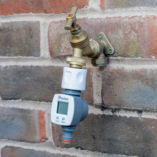 Water flow meter snap-on connector with LCD display, white and light blue housing