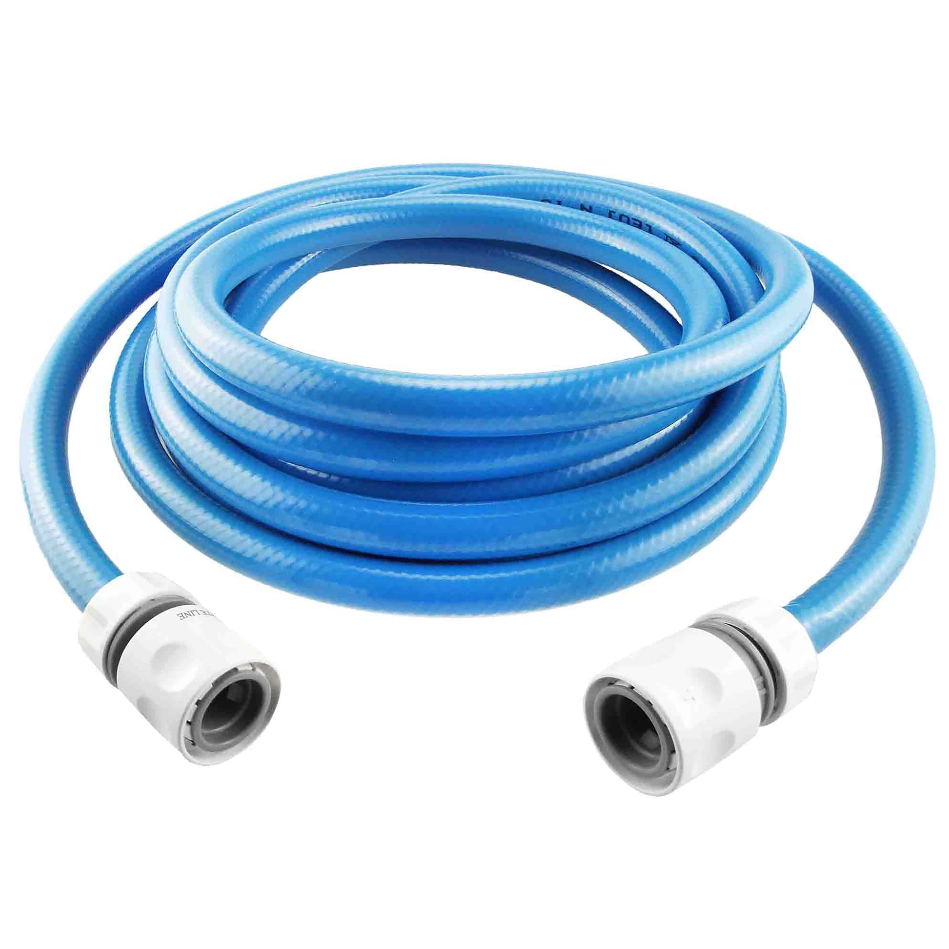 Blue drinking water hose set with two end connectors, coiled hose.