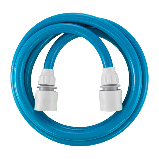 Blue 10mm water hose set with white end connectors, coiled hose