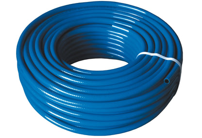 Coiled blue water hose pipe with end fitting opening at the side