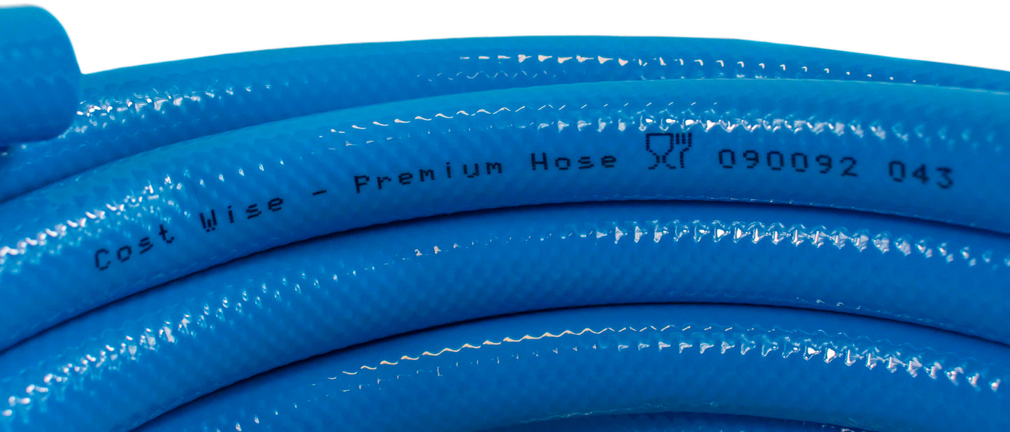 Blue hose pipe markings and text printed along the hose length
