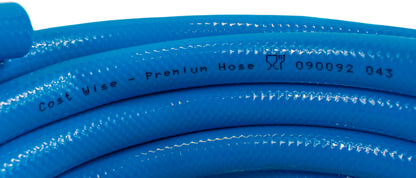 Blue hose pipe markings and text printed along the hose length