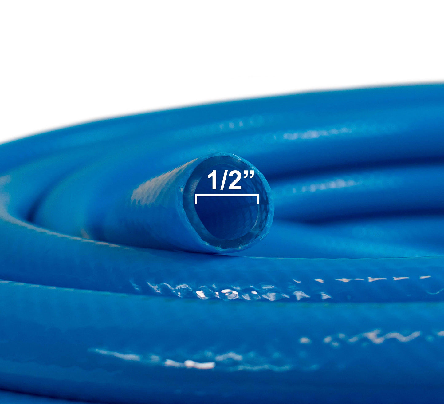 Blue hose pipe end with 1/2" opening, close-up of the hose tip