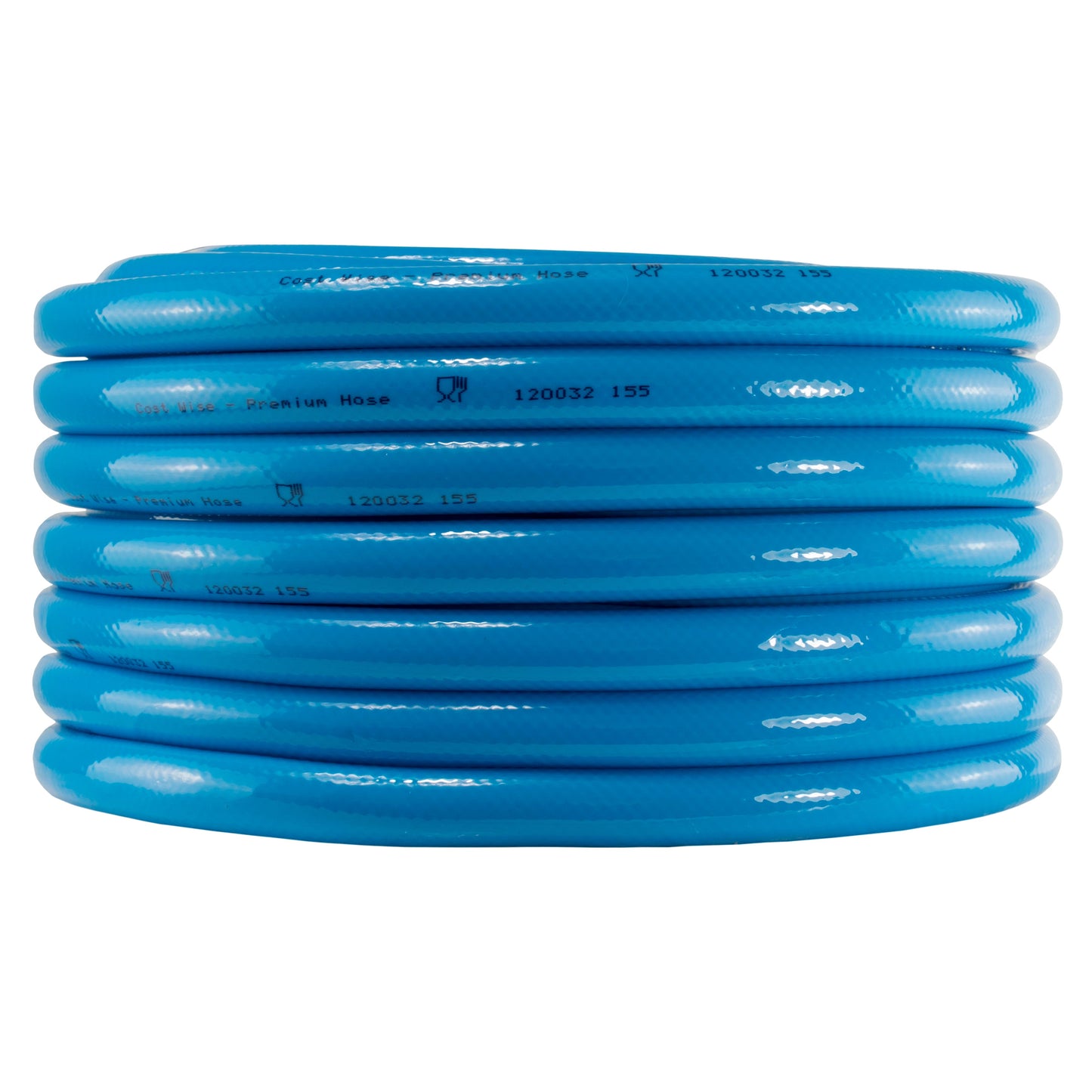 Stacked blue water hose pipe coils, multiple layers with printed text