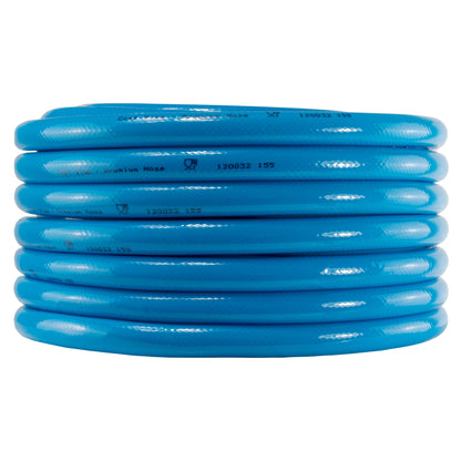 Stacked blue water hose pipe coils, multiple layers with printed text
