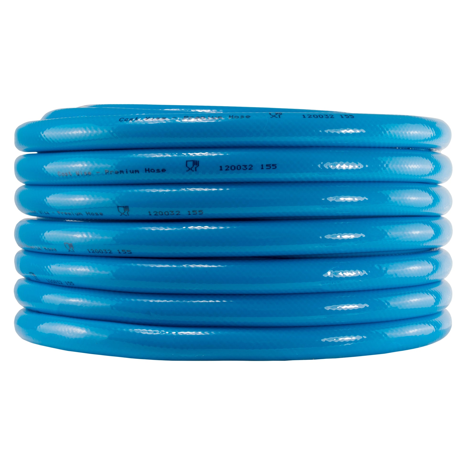 Blue coiled hose with printed markings and parallel ribbed texture