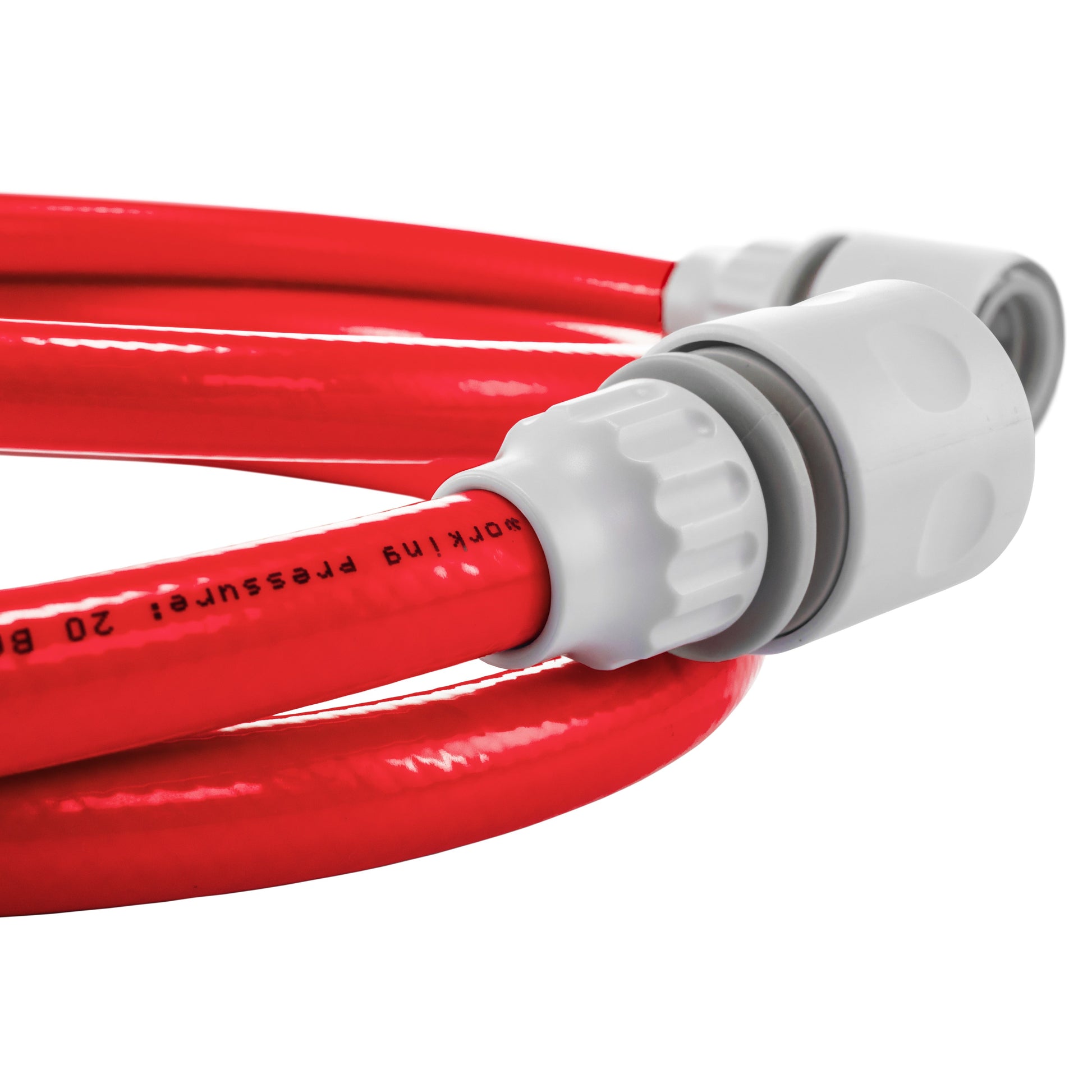 Red 10mm hose end connector with molded grip and gray sealing ring