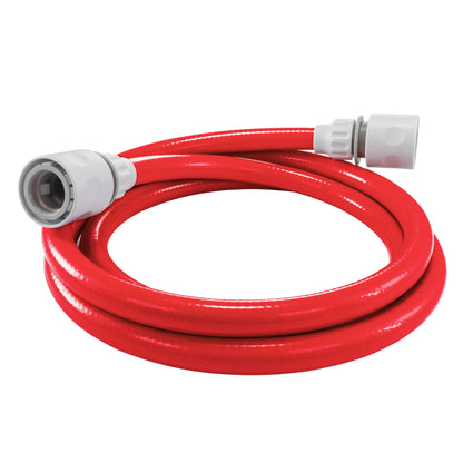 Red 10mm water hose set with two connectors, coiled and laid out loop
