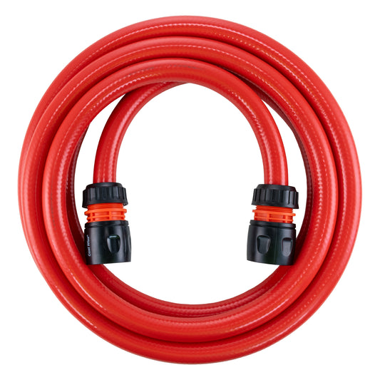 Red 12.5mm garden hose set with black connectors, coiled view