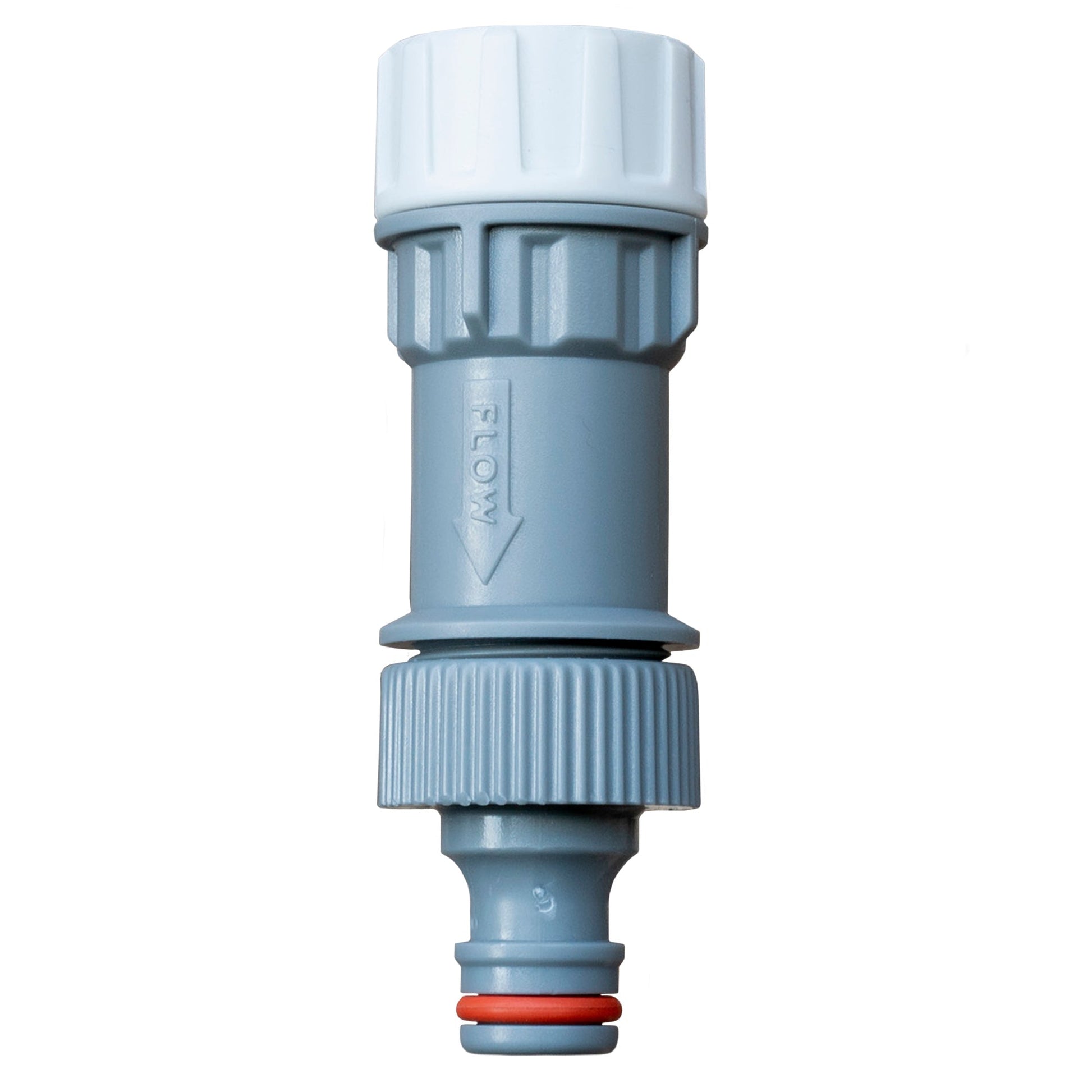 3/4" BSPF female tap connector with pressure reducing valve, blue body, white cap, red insert