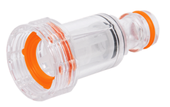 Clear tap connector with filter, orange seal ring, and threaded connection end