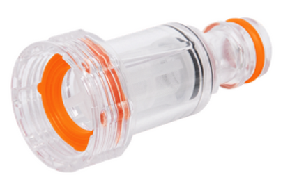 Clear tap connector with filter, orange seal ring, and threaded connection end