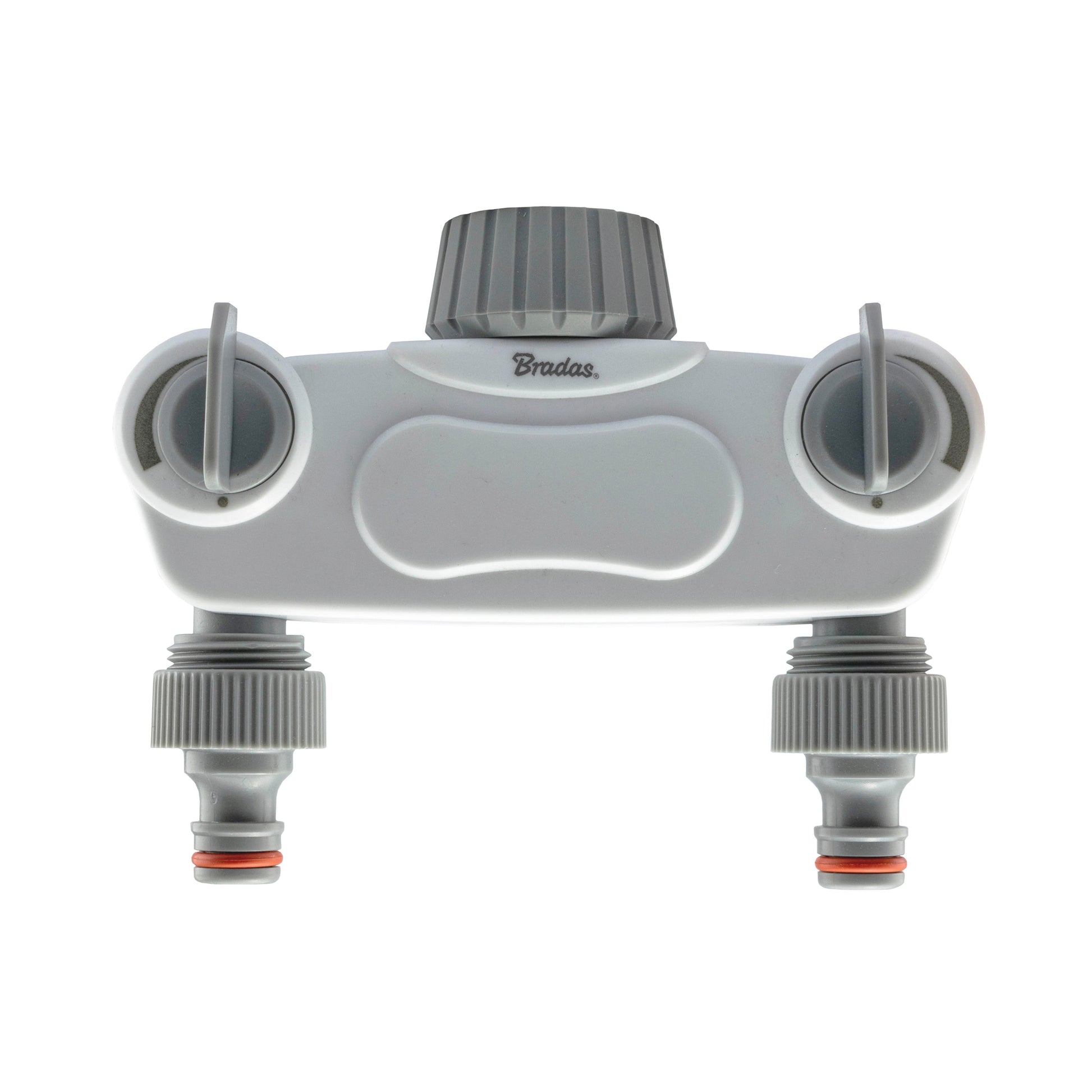 White 2-way manifold splitter with two tap valves and hose connector ends
