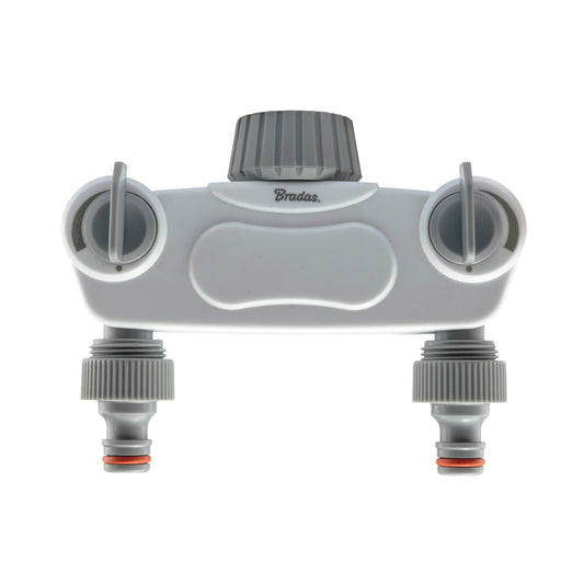 White 2-way manifold splitter with two tap valves and hose connector ends