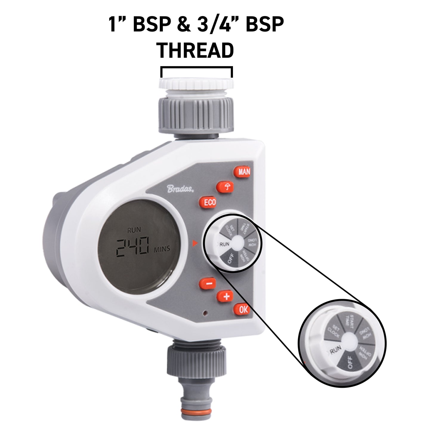 White electronic water timer with 1" BSP and 3/4" BSP thread outlet connector