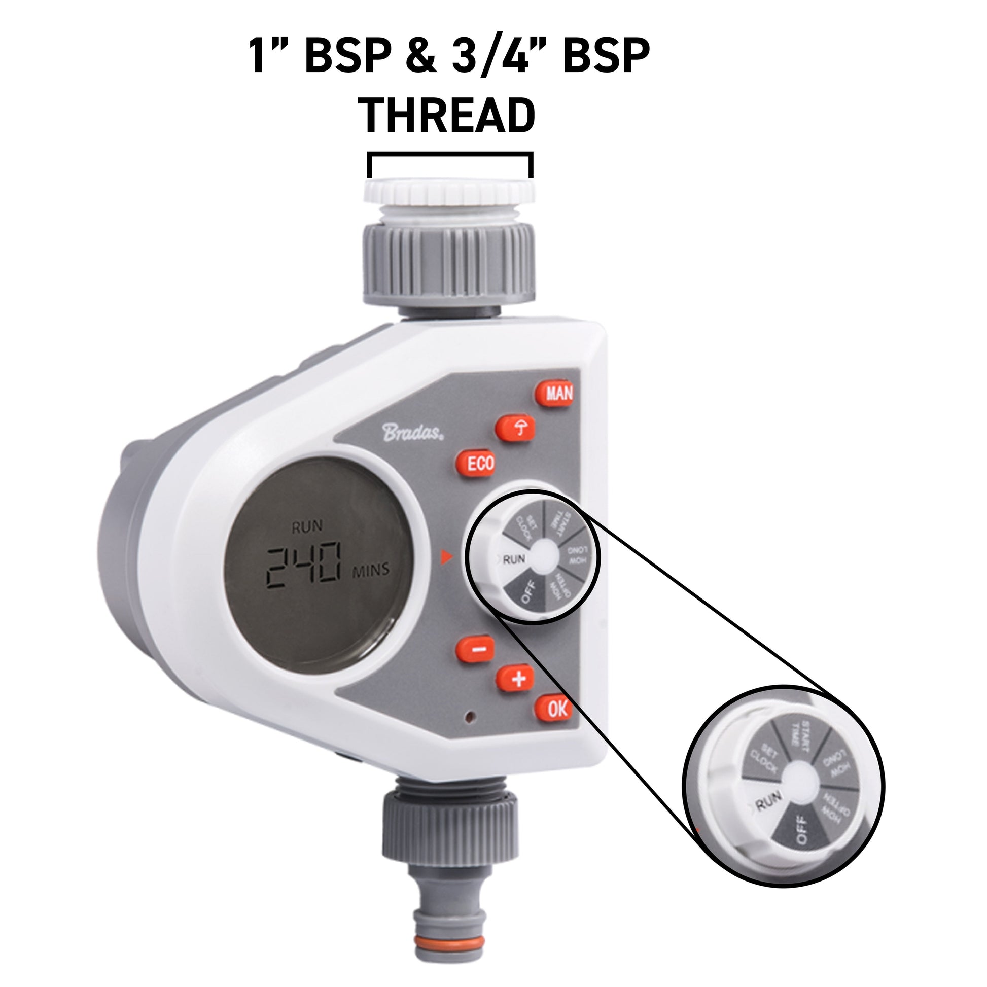 White electronic water timer with 1" BSP and 3/4" BSP thread outlet connector