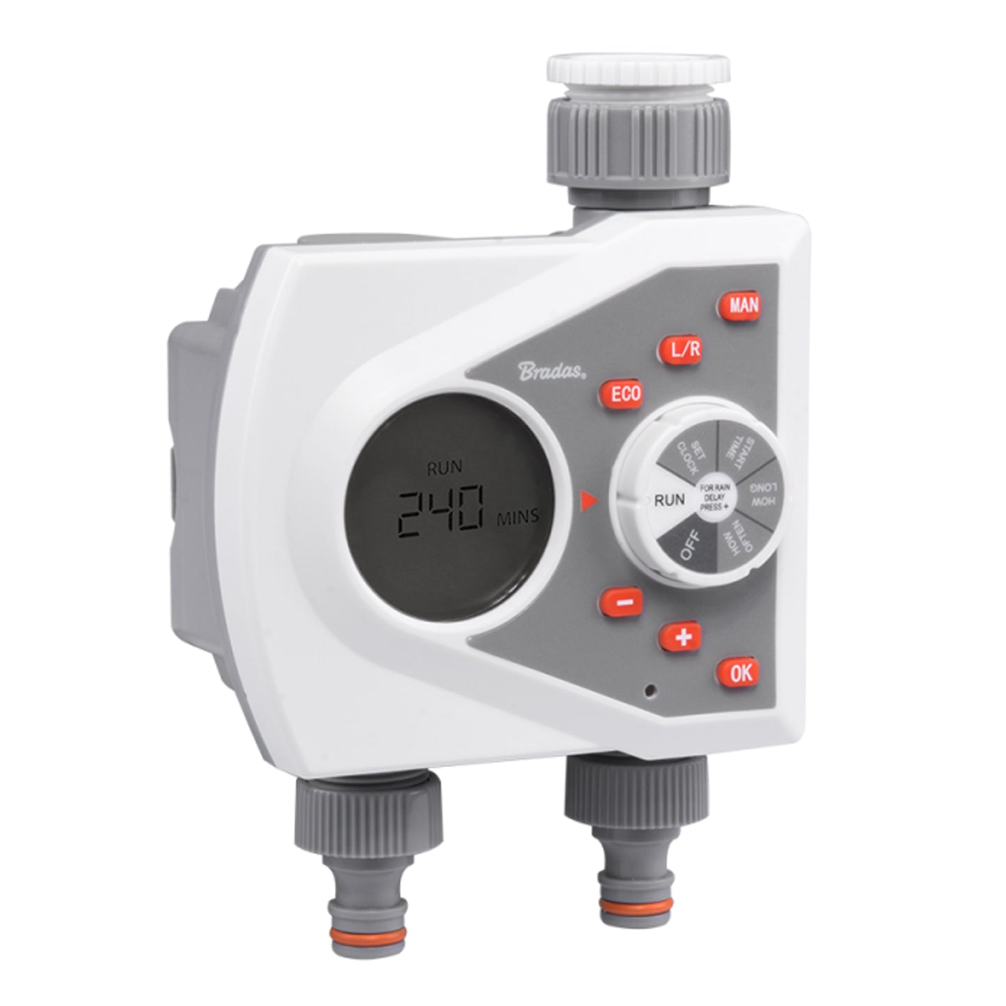 White Line 2-way water timer, front view with LCD run display and dial controls