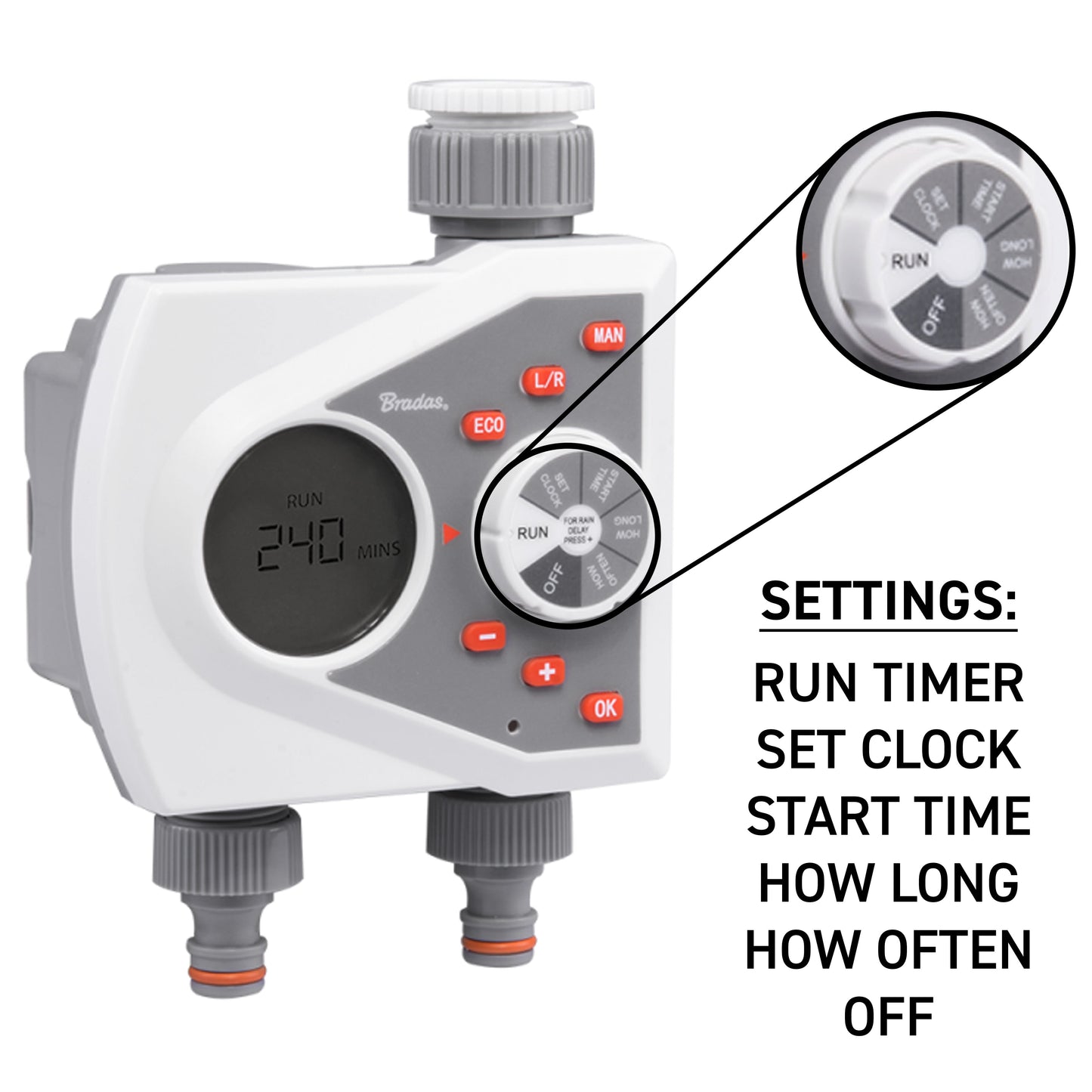 White Line water timer settings shown: run timer, set clock, start time, frequency, off