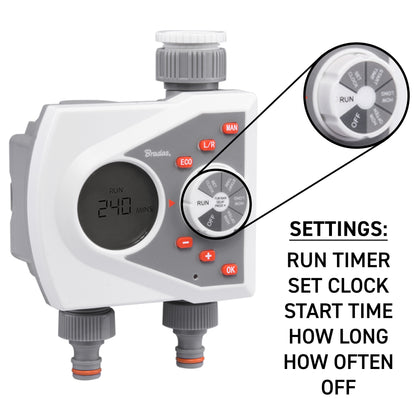 White Line water timer settings shown: run timer, set clock, start time, frequency, off