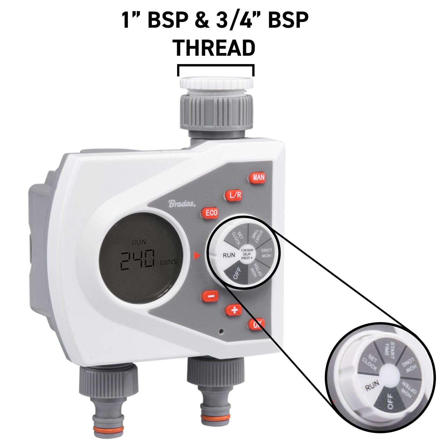 White Line 2-way water timer with 1" BSP and 3/4" BSP thread connection