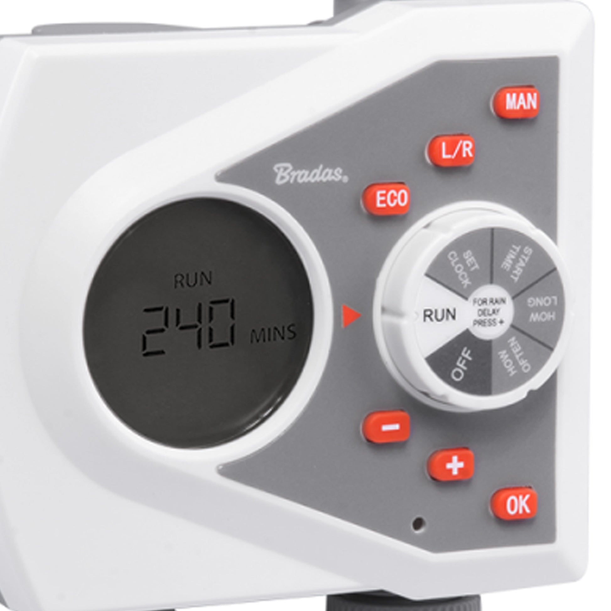 Close-up of White Line water timer LCD showing run minutes and ECO control dial