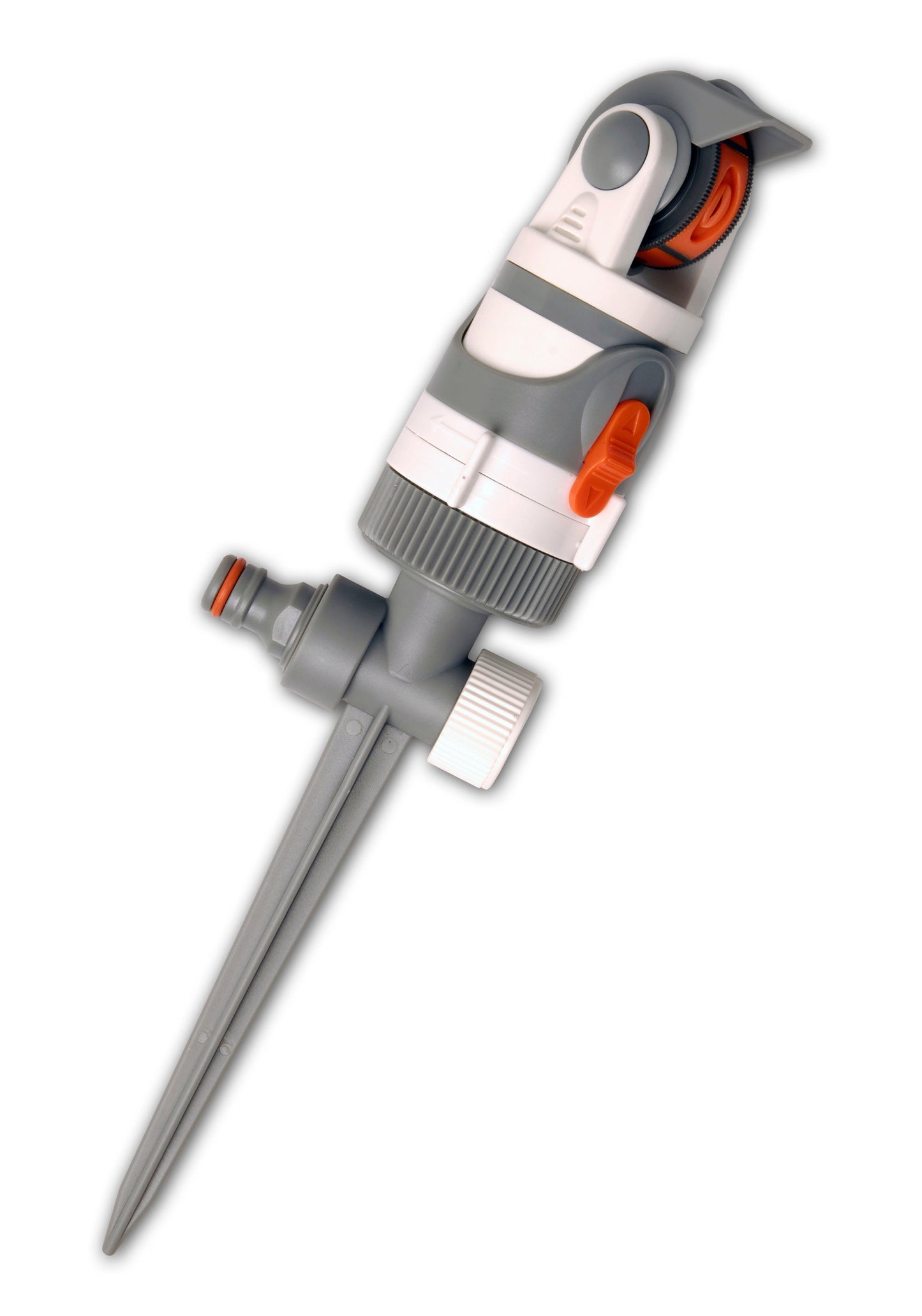 Gray rotating sprinkler with orange dial and side outlet connector