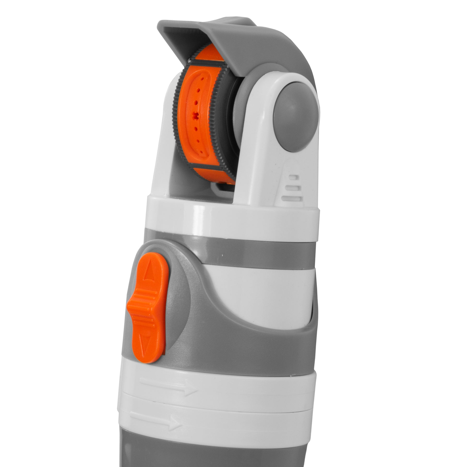 Close-up of sprinkler head with orange control insert on white and gray body