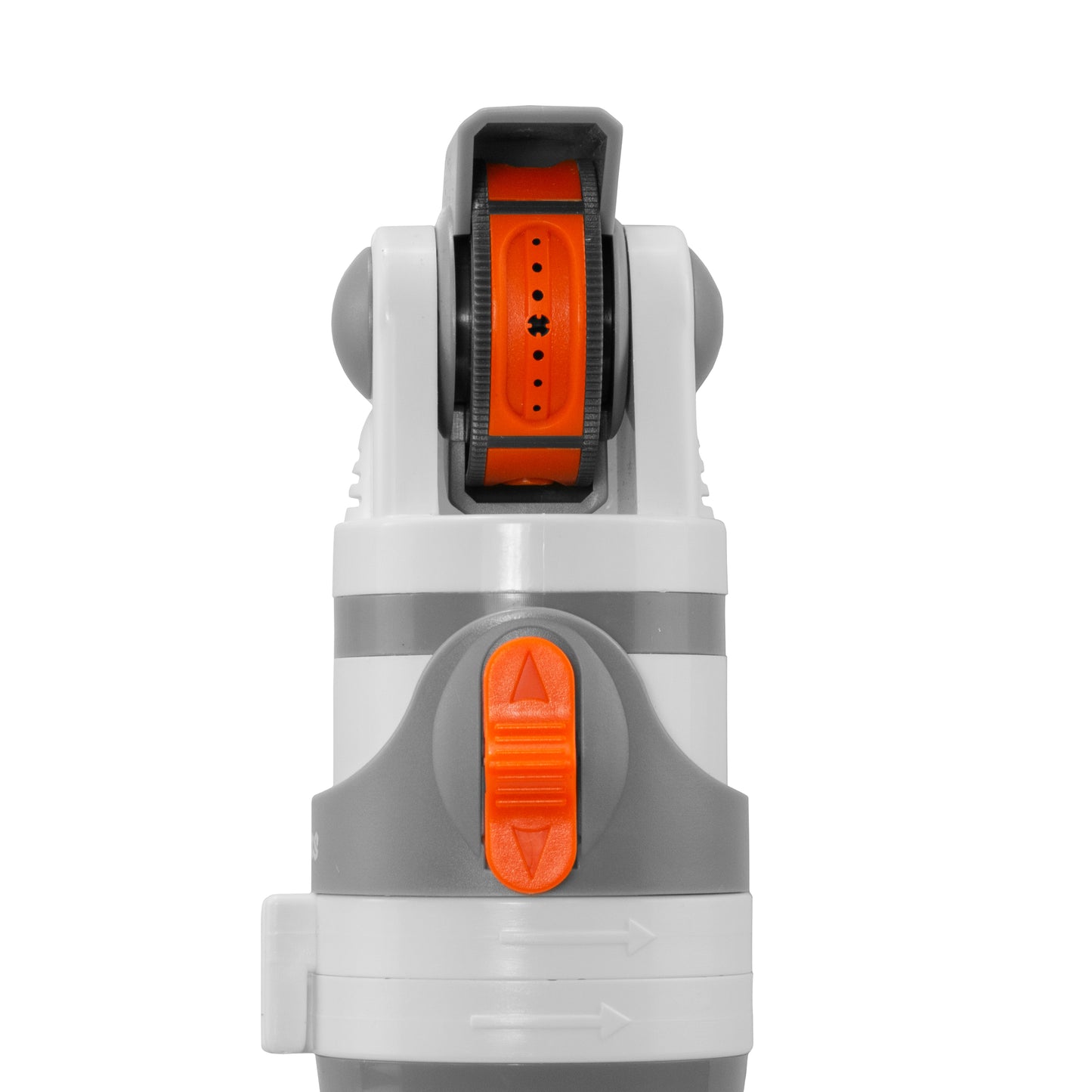 Sprinkler unit front: orange dial in dark insert on gray base
