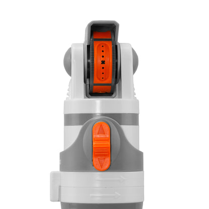 Sprinkler unit front: orange dial in dark insert on gray base