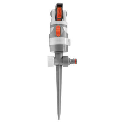 Upright gear drive sprinkler stake with gray body and orange dial