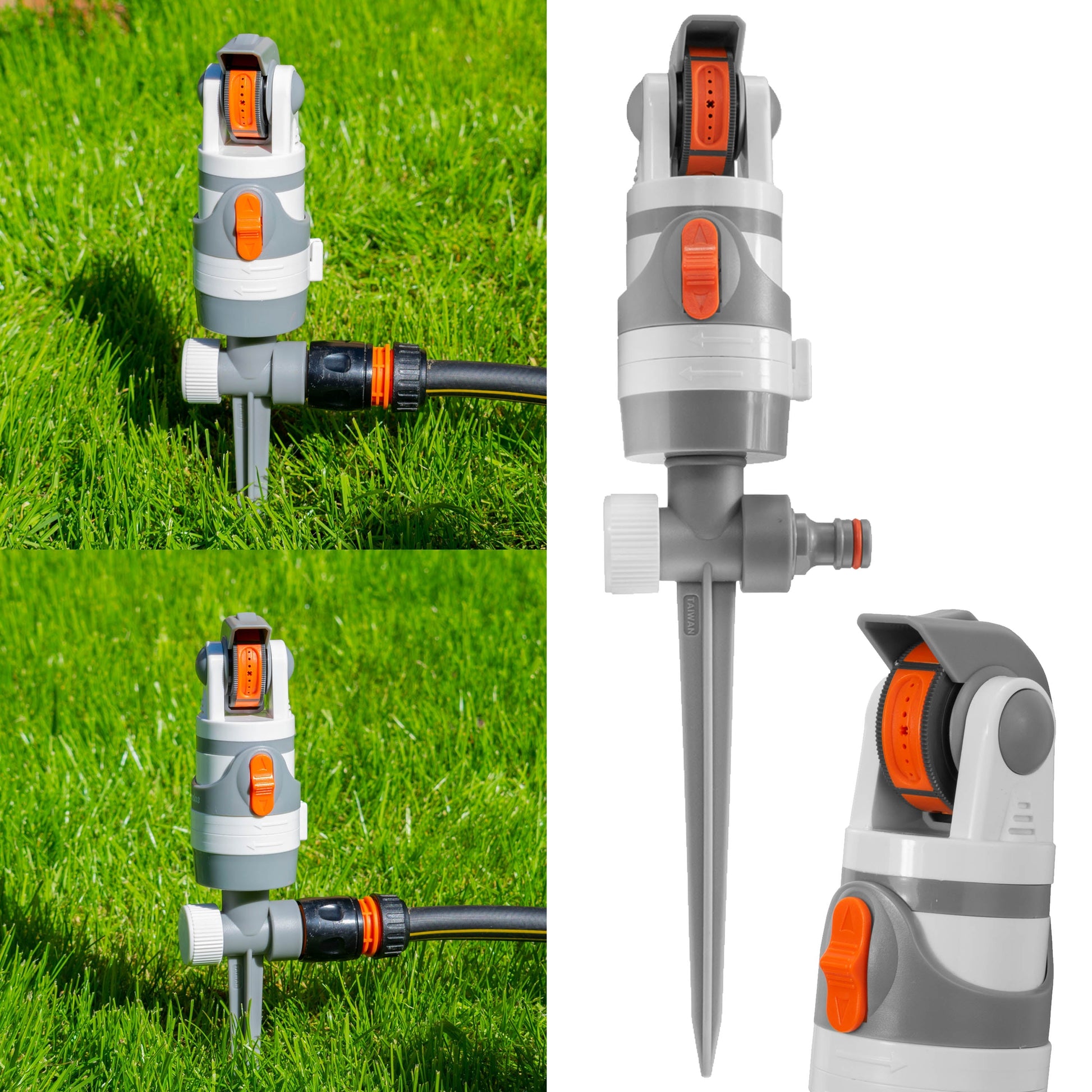 Sprinkler on grass with hose connector, gray body and orange control dial