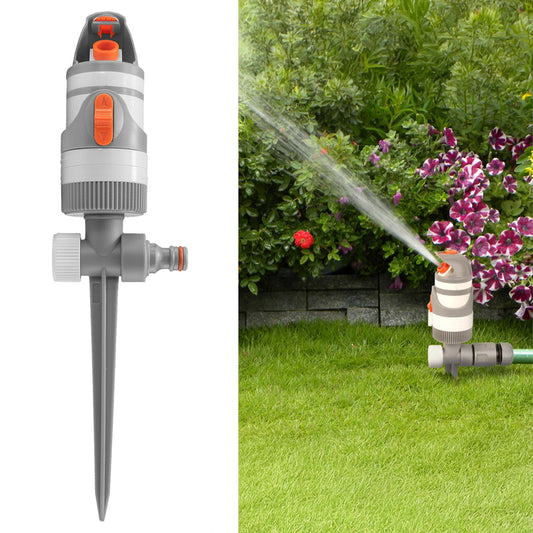 White line gear drive sprinkler with spike stand and orange control levers