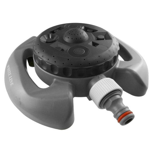 Static lawn sprinkler with multiple spray heads and garden hose connector