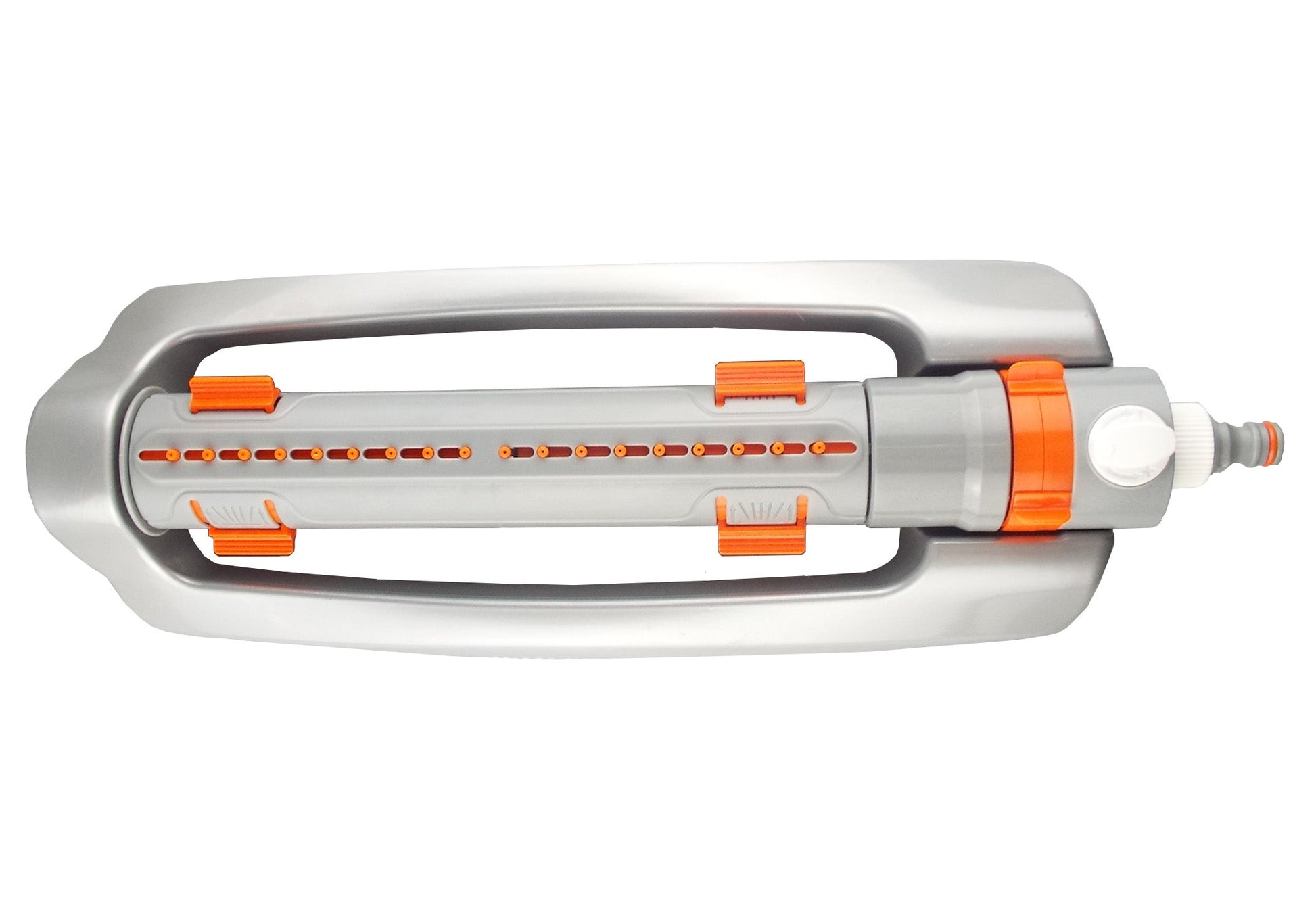 Oscillating sprinkler with orange/gray adjustment dial and rear hose connector