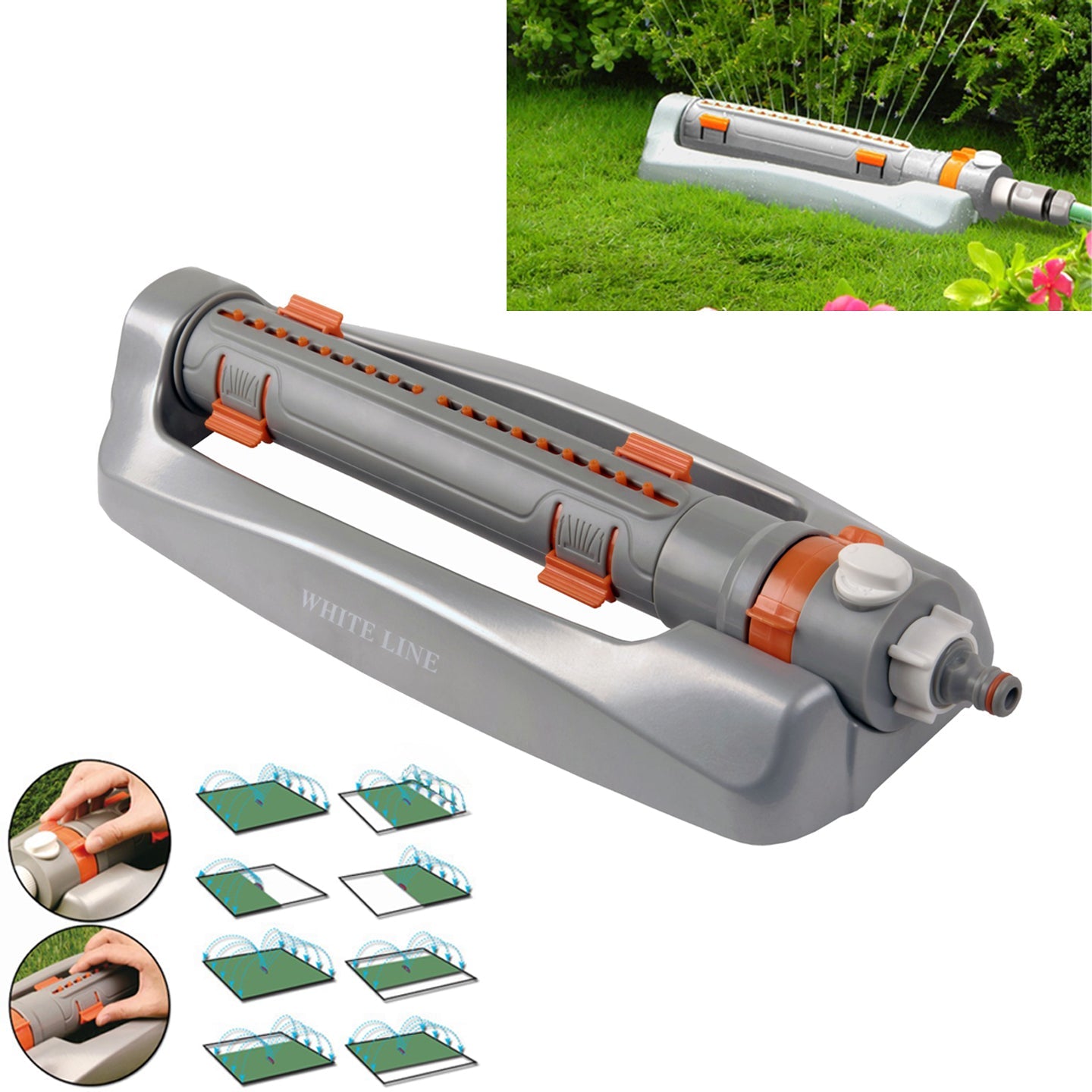 Oscillating sprinkler in metal, gray body with orange controls and hose connector